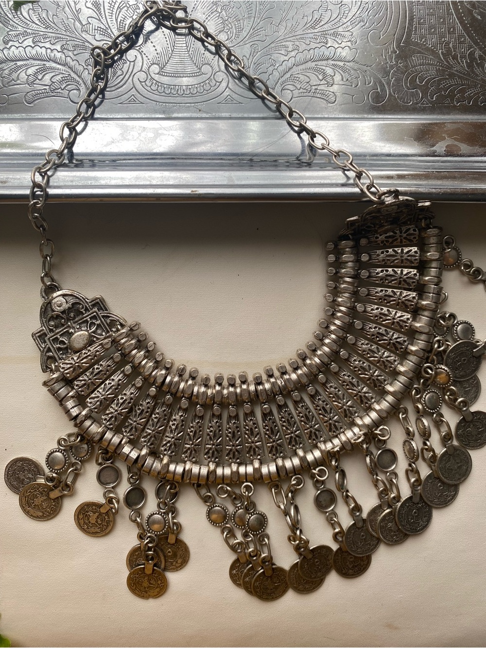 Boho Vintage-Style Silver Coin Fringe Statement Necklace - Silver